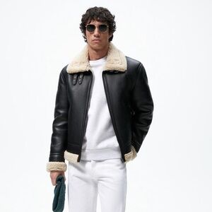 Zara Black Leather and Cream Fur Shearling Jacket